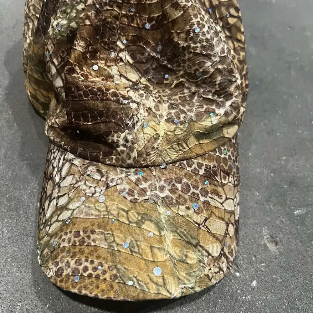 Python Skin Pattern Crinkle Baseball Cap with Rhinestone Embellishments